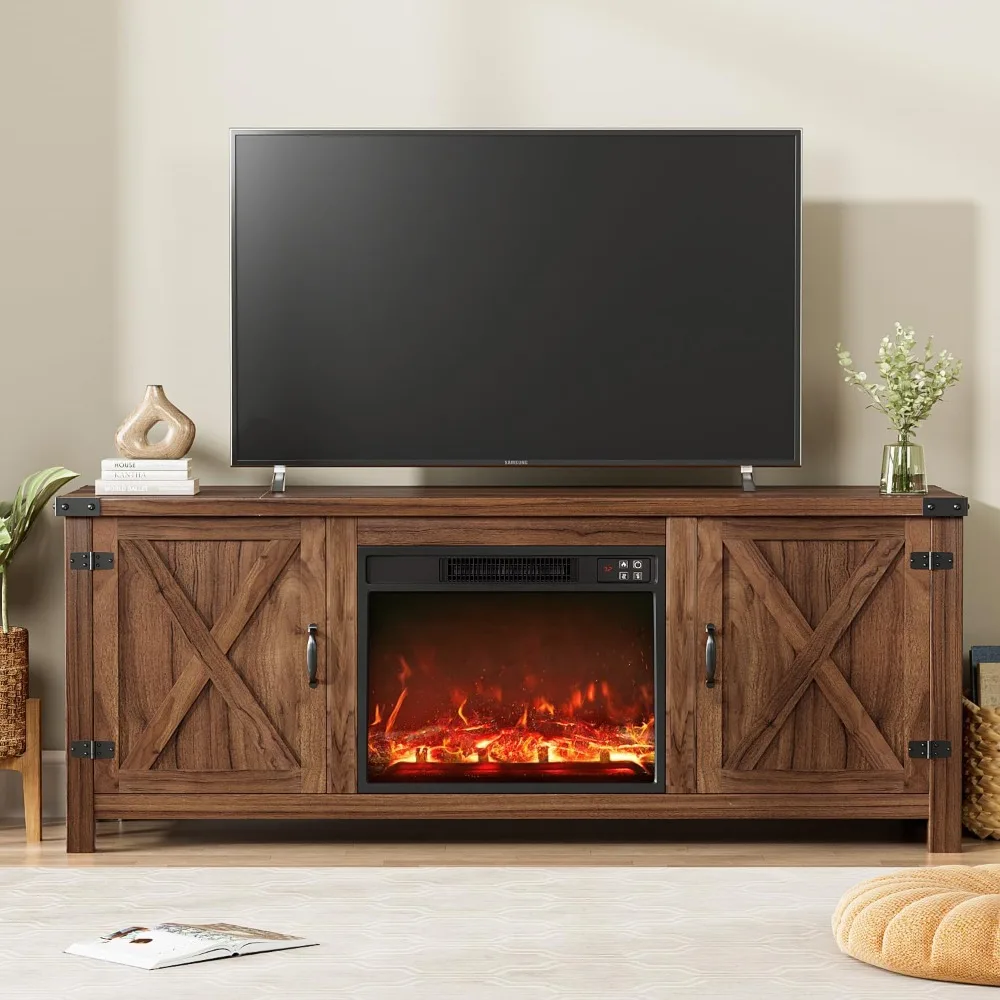 Fireplace TV Stand with Two Barn Doors and Storage Cabinets for Televisions Up To 65+ Inch, TV Stand