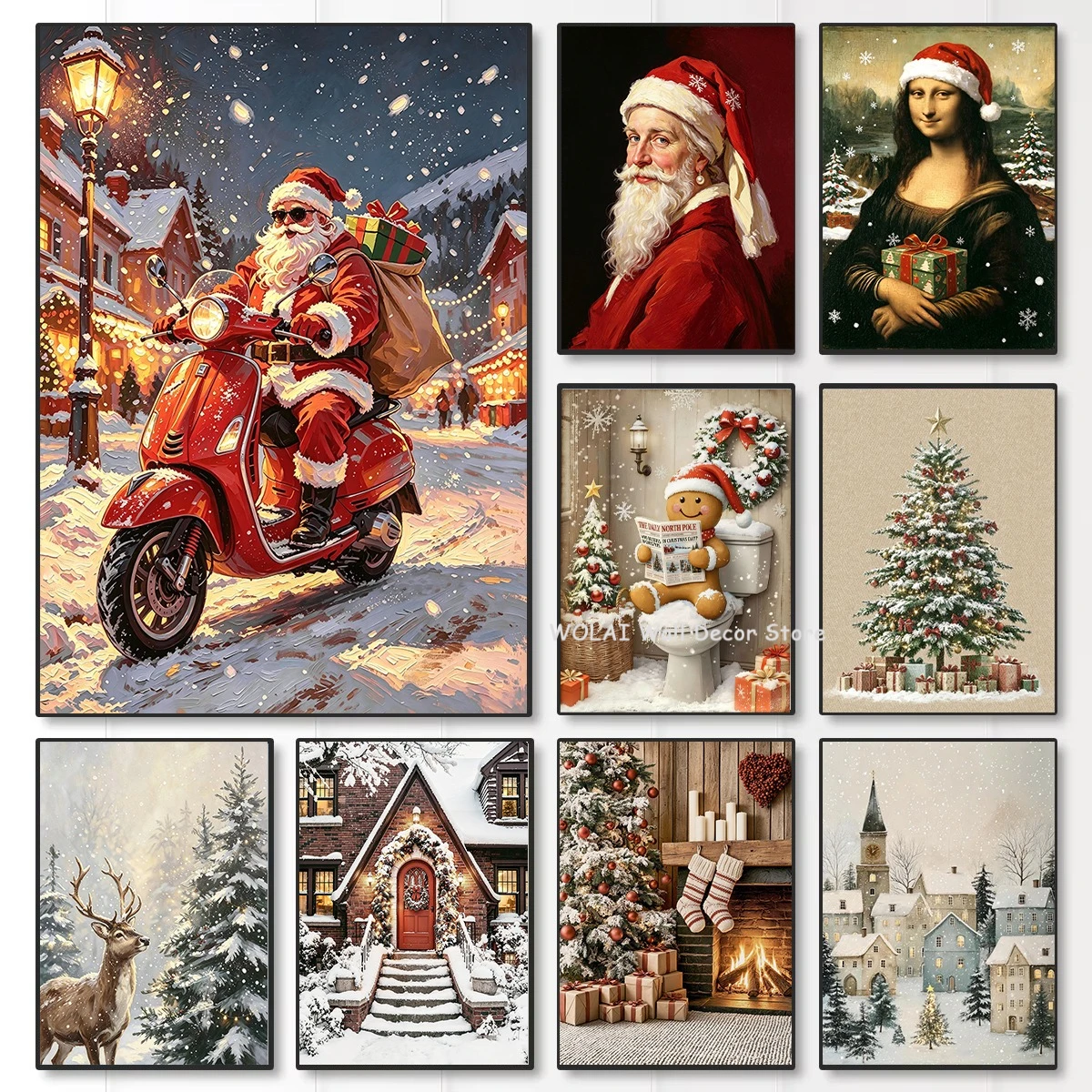 Funny Santa Claus Mona Lisa Snow Scene Christmas Tree Canvas Print Reindeer Gingerbread Man Wall Art Poster for Home Decor Gifts