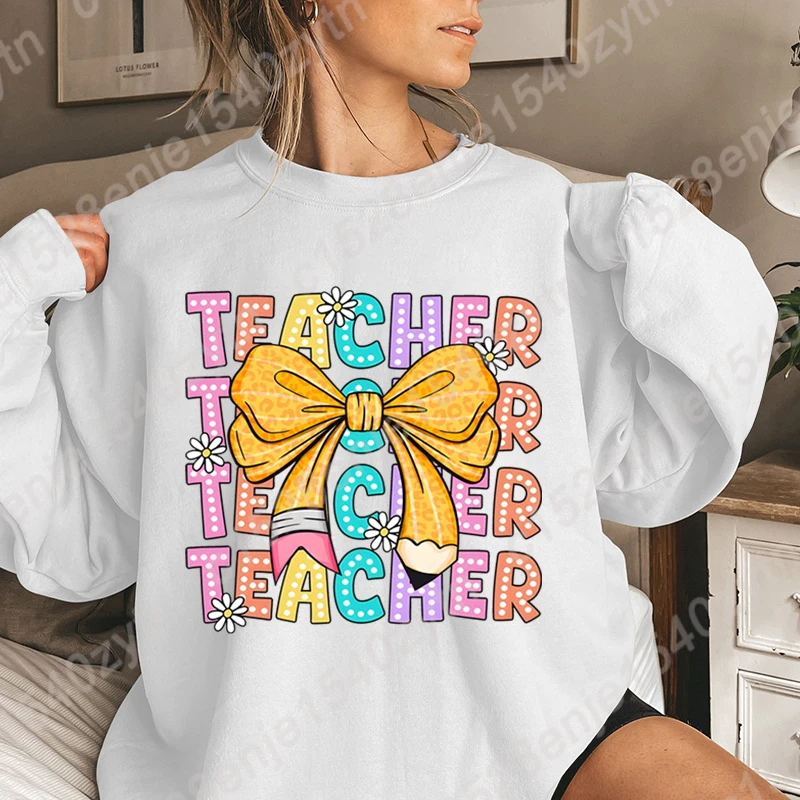 

Teacher Bow Graphic Pullovers Autumn Winter Creative Personalized Tops Ladies Casual O Neck Pullover Soft Long Sleeve Sweatshirt