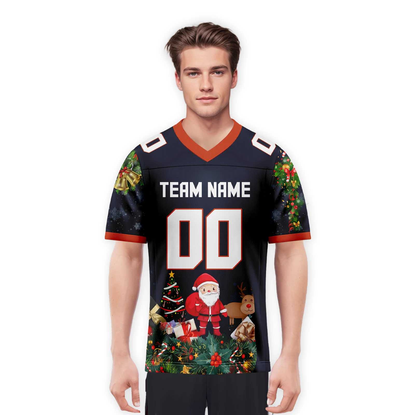 Personalized Christmas American Football Uniforms Custom Navy Christmas Shirts with Printed Team Name Number Adults Kids Gift