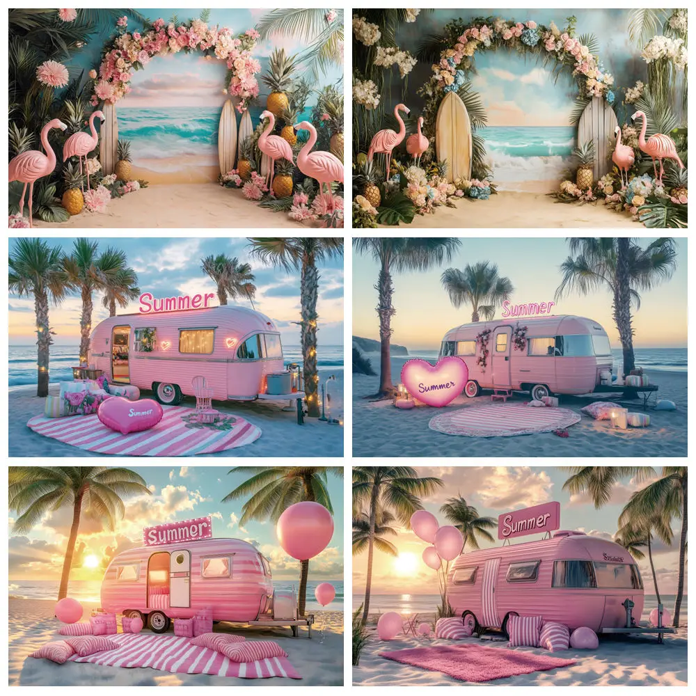 

Summer Hawaiian Beach Backdrop Pink Van Coconut Trees Floral Surfboard Ocean Palm Flamingo Kids Birthday Photo Background Decor