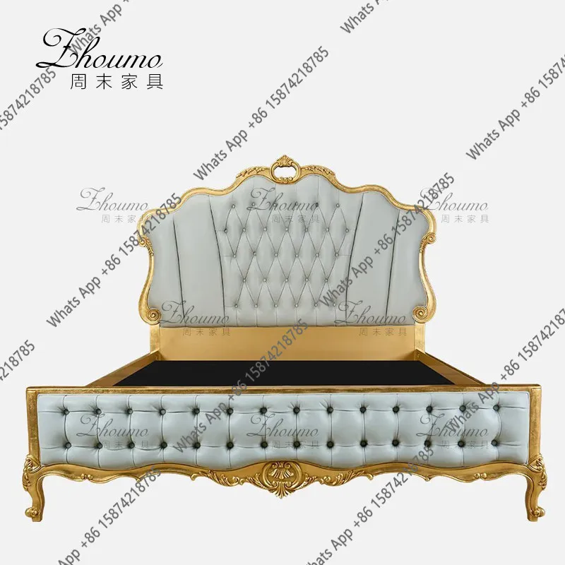 French solid wood fabric bed antique hand-carved double bed soft bag gold luxury soft bag bed