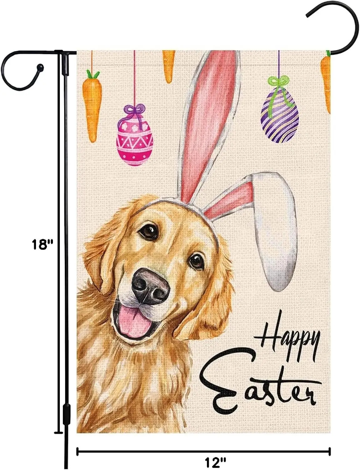Louise Maelys Happy Easter Garden Flag 12x18 Double Sided Burlap, Small Vertical Golden Retriever Dog with Rabbit Ear Garden PPM