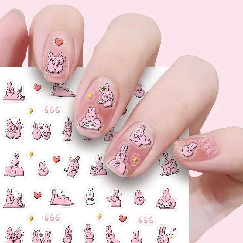 Delicate Pink Bunny Sakaban Fish Bear Bug What Cat 3D Relief Pink Gradient Whimsical Naughty Little Monster Nail Art Sticker