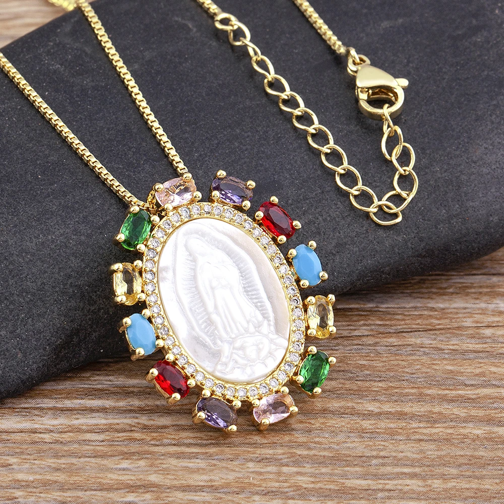 

High Quality Virgin Mary Pendant Rainbow Crystal Exquisite CZ Copper Zircon Necklace Metal Chain Unisex Religious Jewelry Gifts