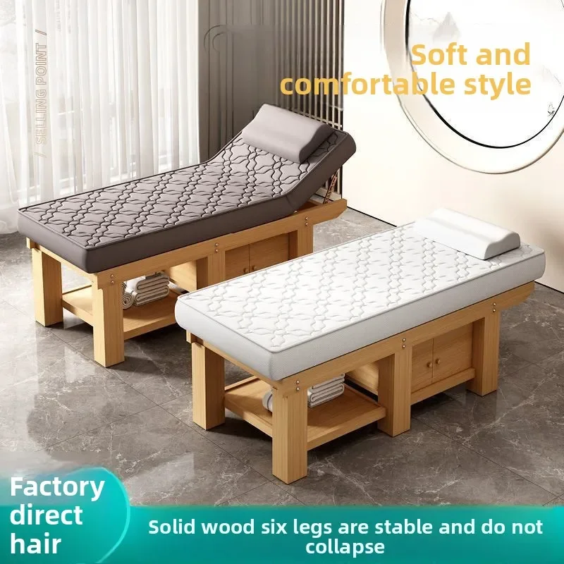 Full Solid Wood Latex Beauty Bed Spa Massage Table for Salon Therapy Tui Na Facial Eyebrow Spa Bed Massage Table Portable
