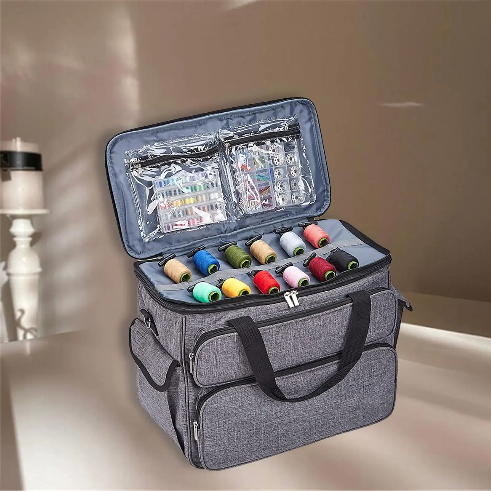 Protable Sewing Machine Carry Storage Bag with Multiple Pockets Padded Sew Oxford Cloth Tote Bag Gray Carry Bag for Travel Home