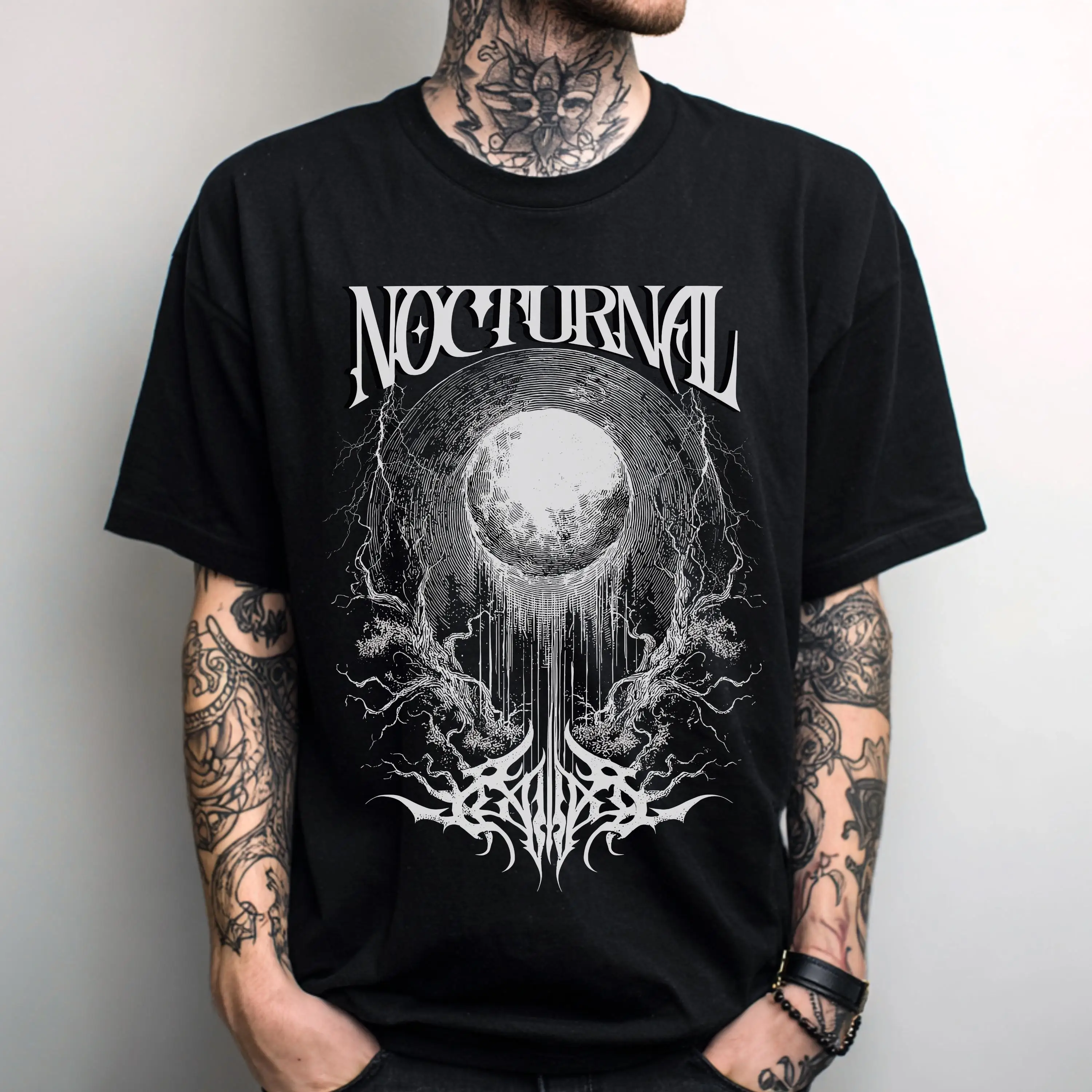 Gothic Blood Moon Tee – Nocturnal Storm & Root Graphic – Edgy Dark Fantasy Design – Metal Concert Alternative Wear