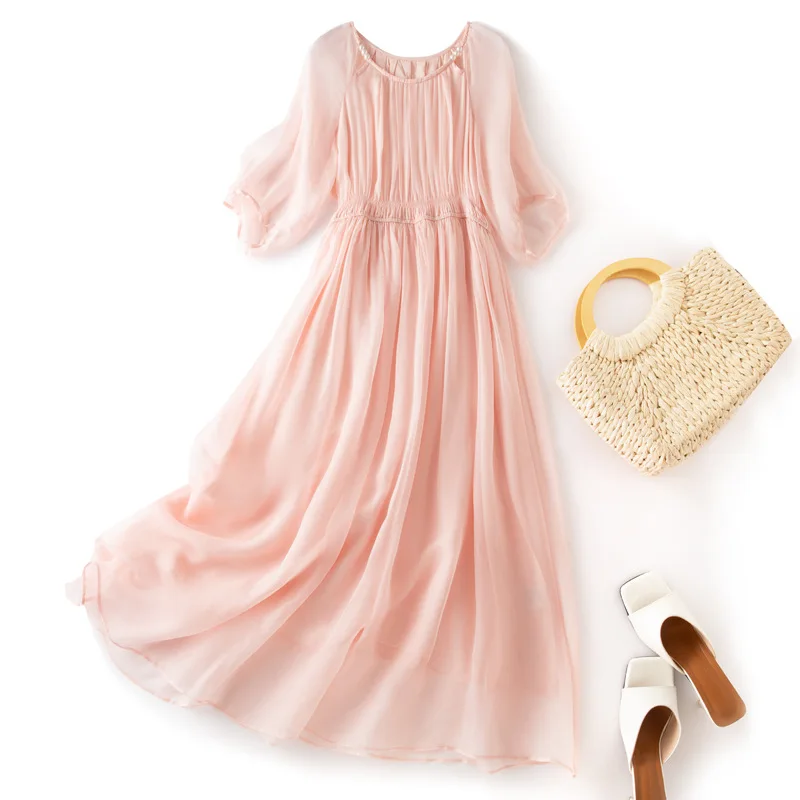 Birdsky, 1PC Women dress chest pleats O neck lantern sleeves 100% real mulberry silk georgette solid Pink, S-1052