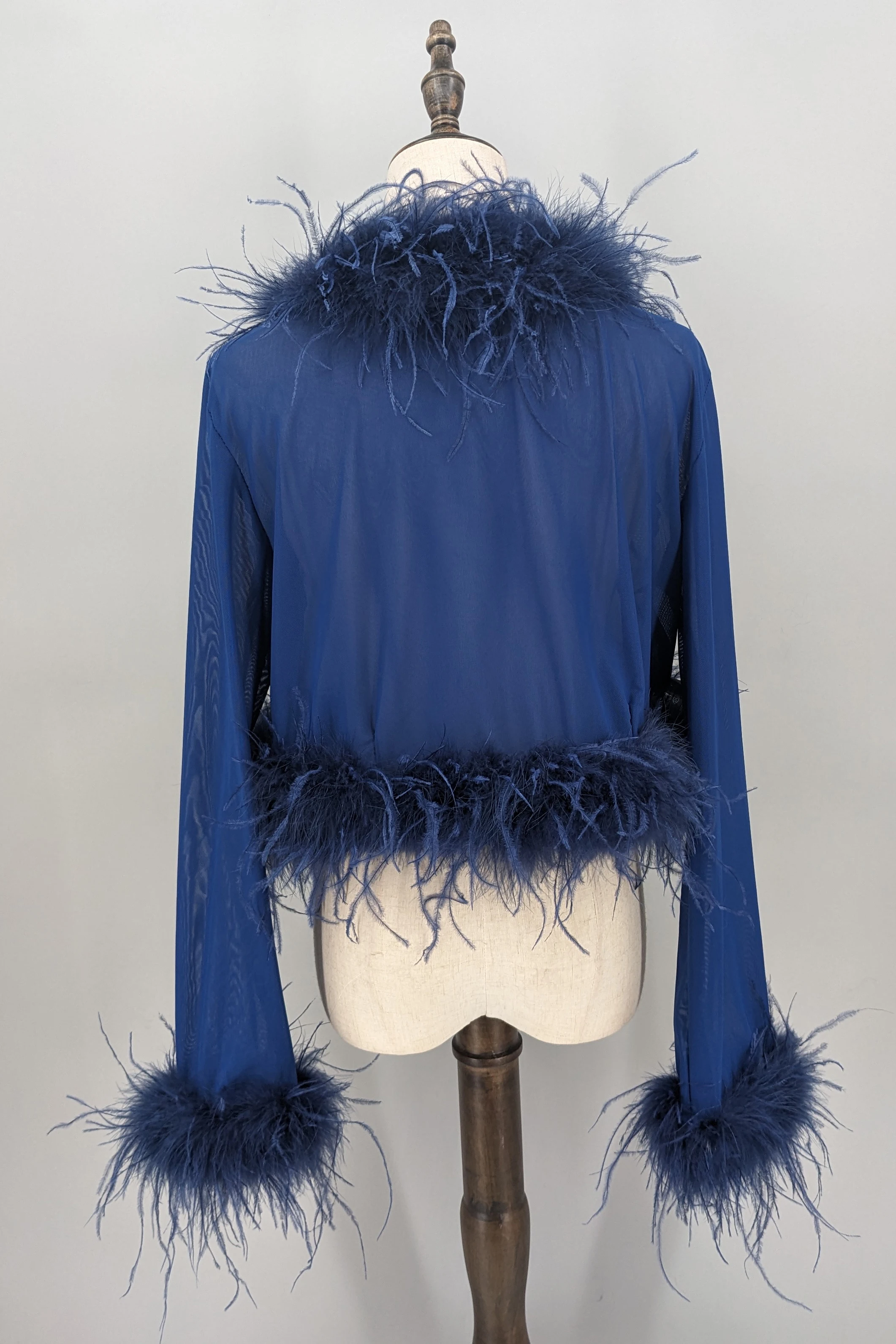 Women See-Through Top with Real Ostrich Feather Brown Black Cropped Jacket Top Bolero 240711