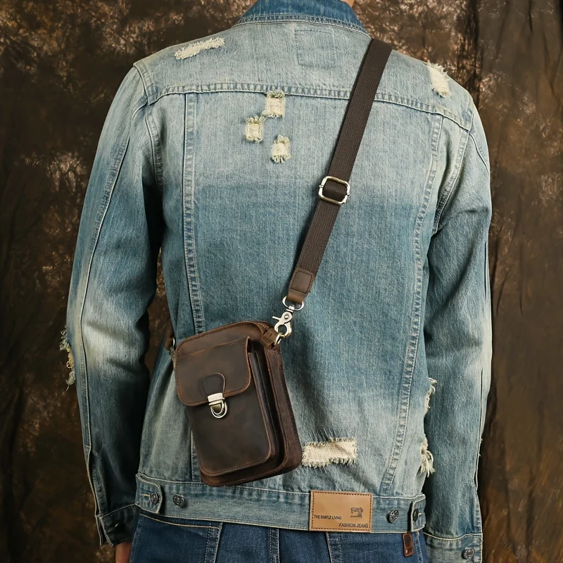 

Retro men's genuine leather belt loop phone leather case - brown Crazy Horse leather cross-body bag