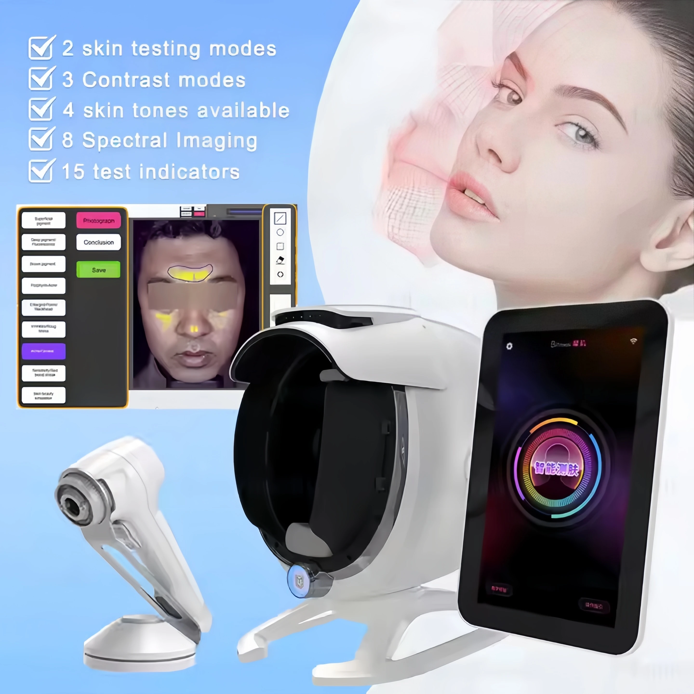 

AI Magic 3D Зеркальный сканер для лица Analizador De Piel Анализ кожи от прыщей Сканер всего лица Тестирование кожи Анализатор машины