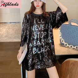 Runway Spring Sequin Short Sleeve Letter Women's Clothing Tops Bling Tops Summer Solid Color Night Club Sexy Female T-Shirts