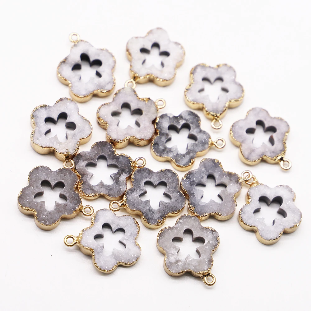 New Natural Stone Druzy Agates Pendants Gold Plated Charms Plum Flower Shape DIY Jewelry Making Necklace Earring Wholesale 4Pcs