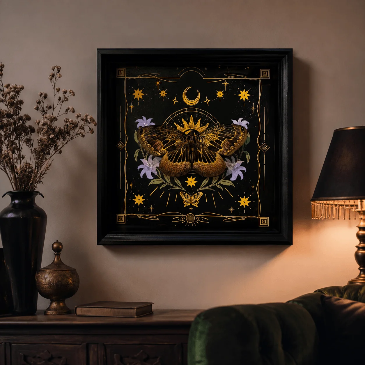 Obrázek 4: Brahmaea porphyrio, mystic můra zeď umění, černá zlato vintage rámováno dekorace s luna hvězdičkami květinová design pro ložnice žití pokoj