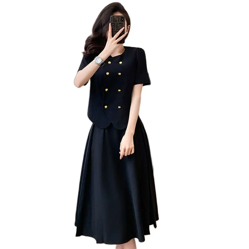 Green Summer Retro Double-Breasted Short Coat Skirt Two-Piece Fashion Suit Temperament Women's Short Sleeve Formal Wear