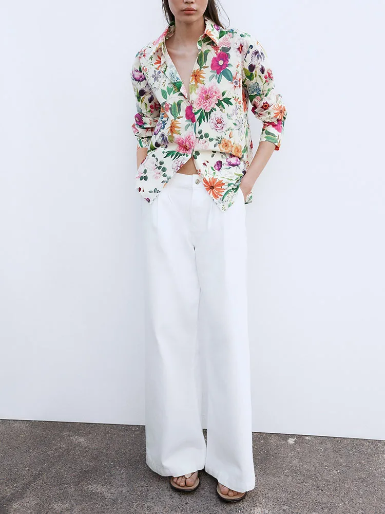 

Spring New Arrival Casual Floral Print Silk irt Women's Faionable Versatile Long Sve Turn-down Collar Straight Cut Blouse