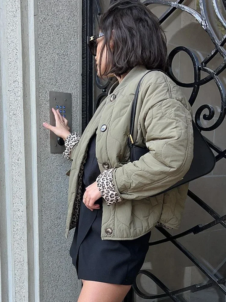 Casual Solid Thin Padded Jacket Women Chic O-neck Single Breasted Long Sleeve Pocket Overcoat Autumn Lady Chic Street Outerwear