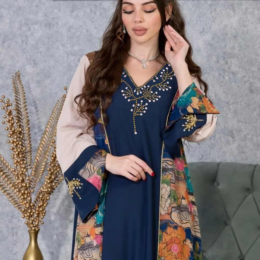 UNI 2025 Eid musulman Abaya femmes Robe de soirée col en v imprimé couleur bloquée robes longues Abayas robes Largos caftan Robe