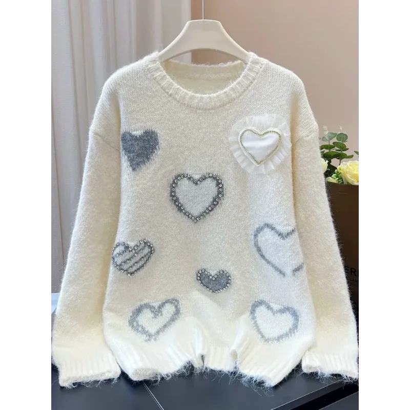 Amor em torno do pescoço design camisola novo topo solto preguiçoso pulôver