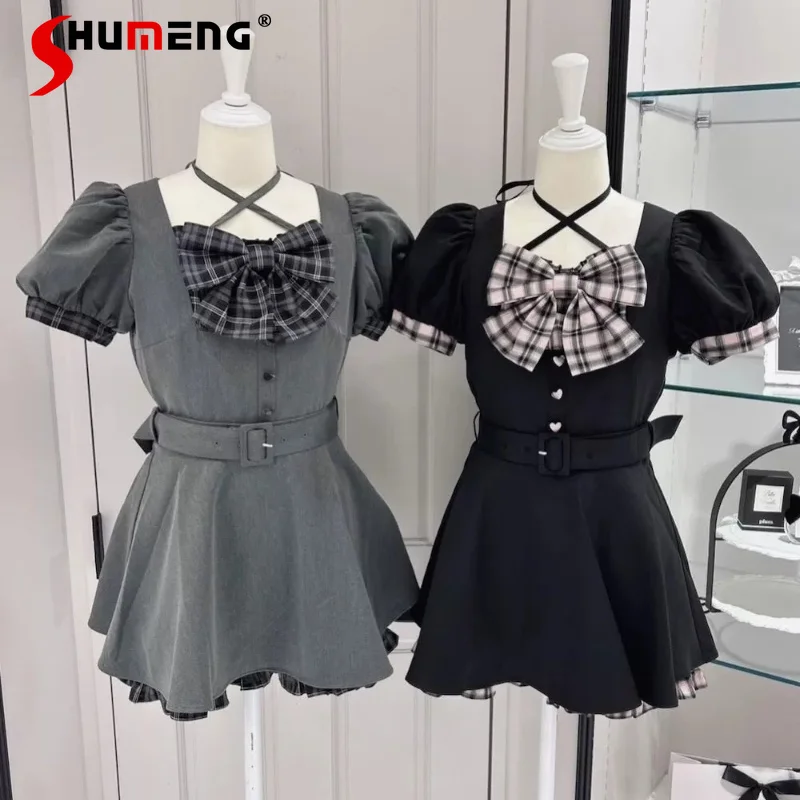 

Japanese Elegant Retro Plaid Bow Heart Buckle Belt Slim Short Sleeve Dress High Waist Shorts Sweet Cute Two-piece Set for Women
