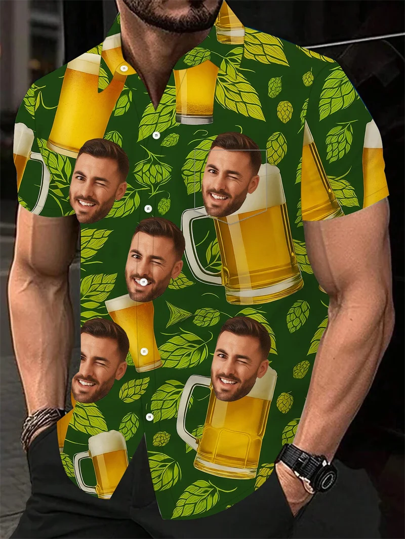 

Custom Photo Hawaiian Mens Shirts Women Personalized Face Print Tropical Leaf Graphic Button Down Beach Top High Quality Shirts