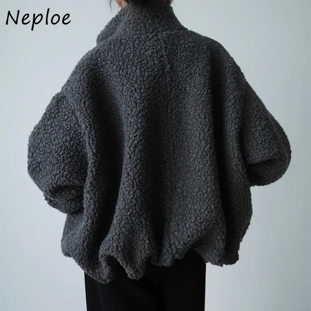 

Neploe Autumn Winter Vintage Casual Coats American Loose Stand Collar All-match Jacket Japan Lambswool Warm Thicked Moda Tops