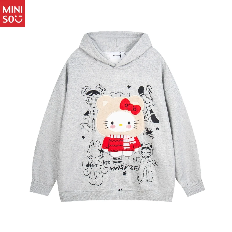 

American retro cute plush Hello Kitty embroidered hooded sweater for men and women autumn and winter loose casual couple top