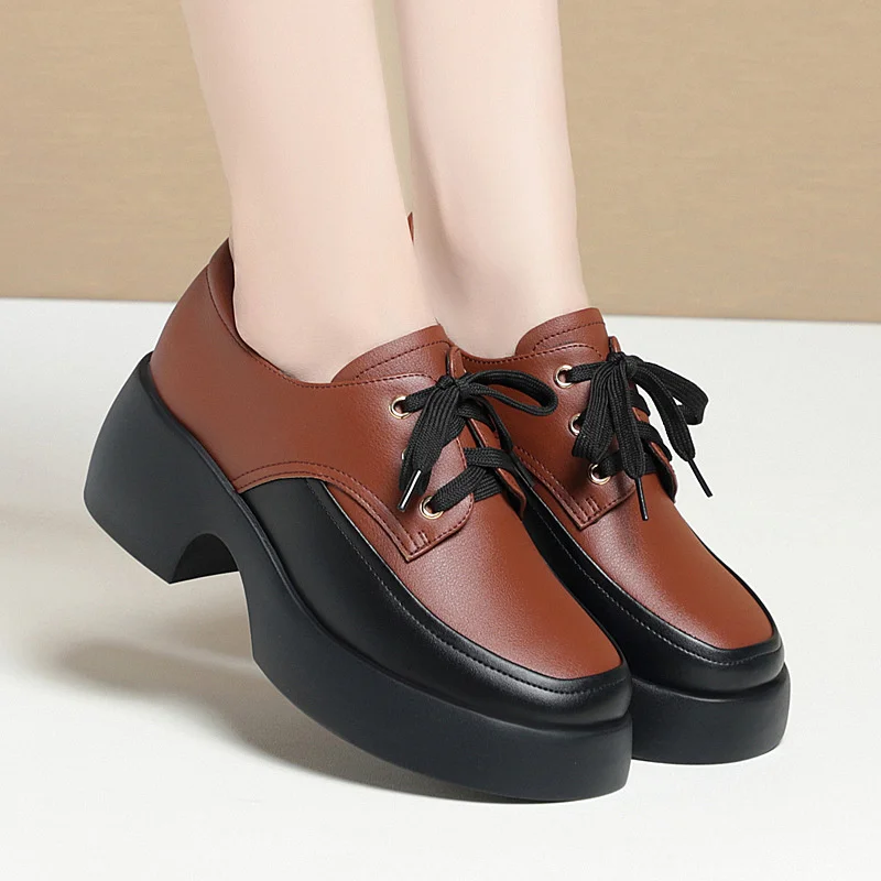 2024 Elegant Versatile Lace Up Comfortable Soft Leather Shoes Woman New Retro Thick Sole High Heel Casual Single Shoes