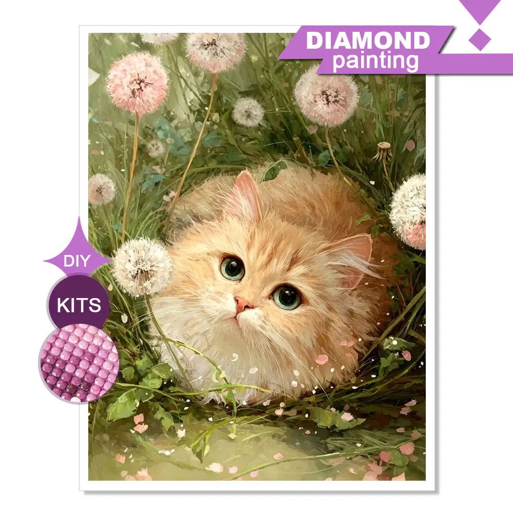 Huacan Diamond Painting Dandelion Cat Diamond Mosaic Animal Flower New Collection Decorative Paintings Wall Decor