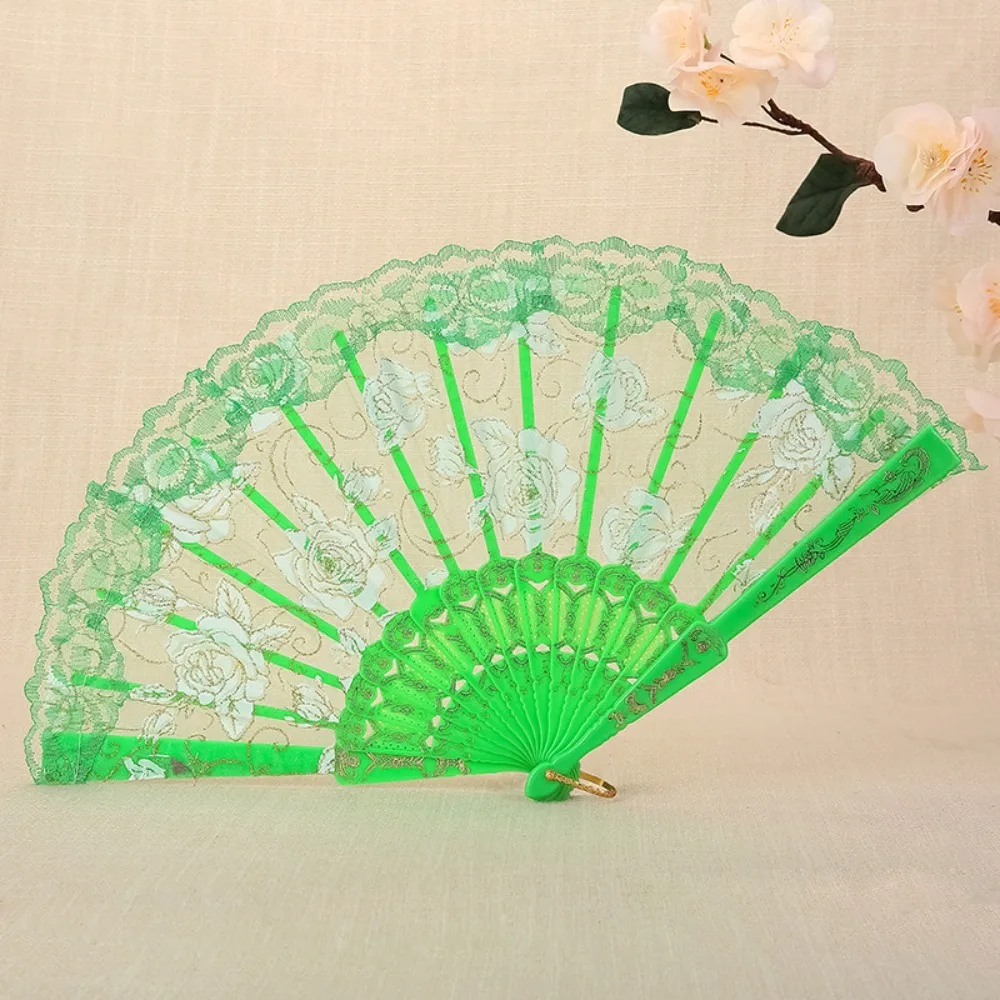 Ornaments Handheld Ladies Lace Hand Fan Translucent Plastic Handle Folding Fan Rose Pattern Spanish Fan Gift