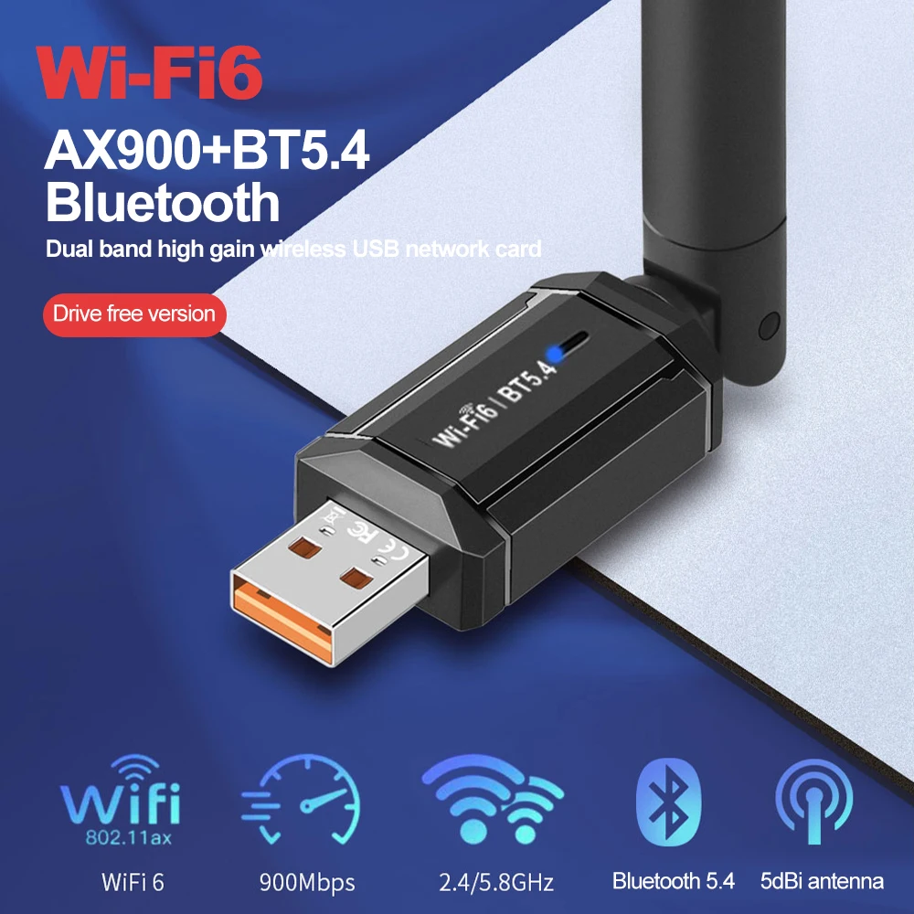 USB WiFi 6 Adapter USB Bluetooth 5.4 Adapter 900 Mbit/s Drahtlose Netzwerkkarte Audioempfänger Dual Band 2,4 5G Kostenloser Treiber für PC