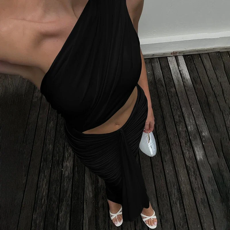 Sexy Schuine Schouder Uitgesneden Bodycon Maxi Jurk Vrouwen Mouwloze Witte Hoge Split Party Vestido 2025, Zomer Elegante Lange Jurken