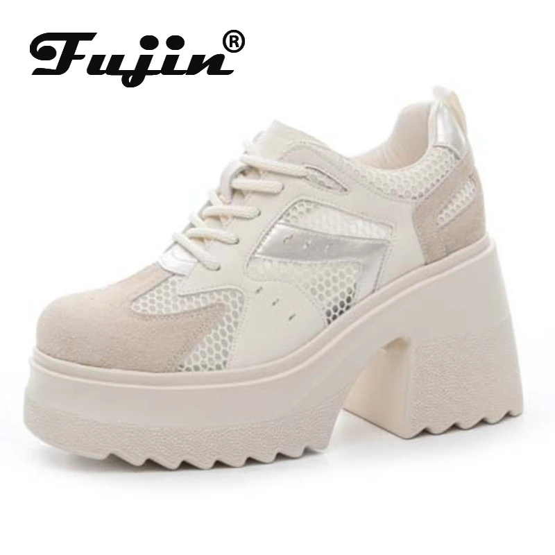 

Fujin 11 см, сетчатые кроссовки из микрофибры из натуральной кожи на платформе, массивные кроссовки на танкетке, брендовые женские сандалии на скрытом каблуке