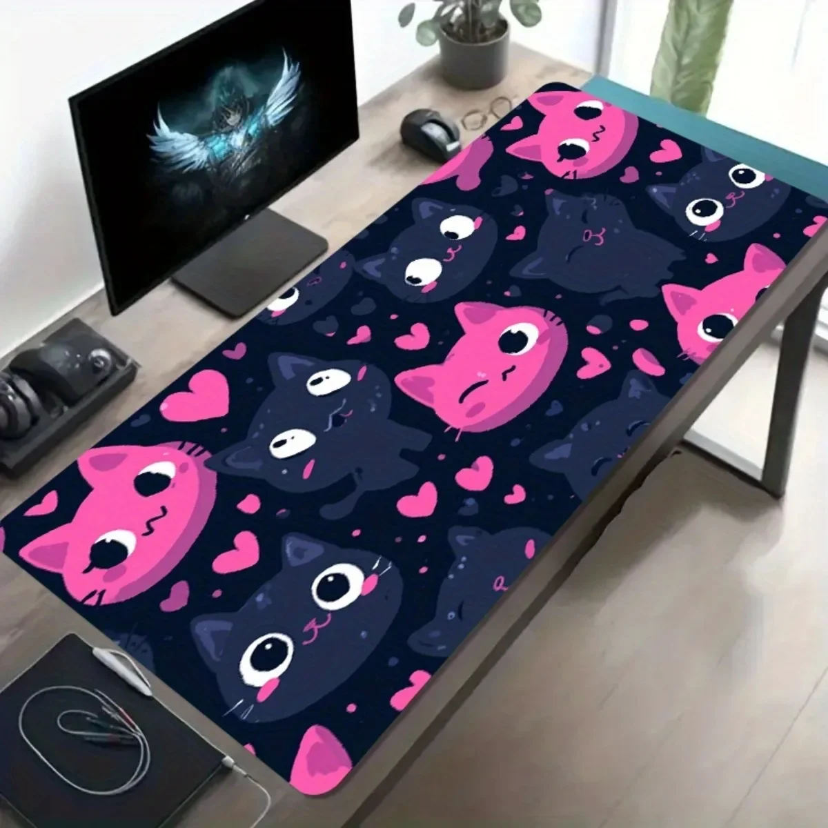 Adorable Pink Black Cat Heart Gaming Mouse Pad Non-Slip Rubber Base Washable Spacious Cartoon Desk Mat for Office Use