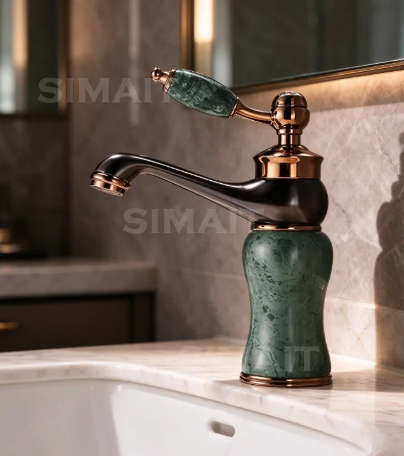 Natural Jade Basin Faucet, Retro Light Luxury Splash-Proof Hot & Cold Mixer with Full Copper Body for Bathroom