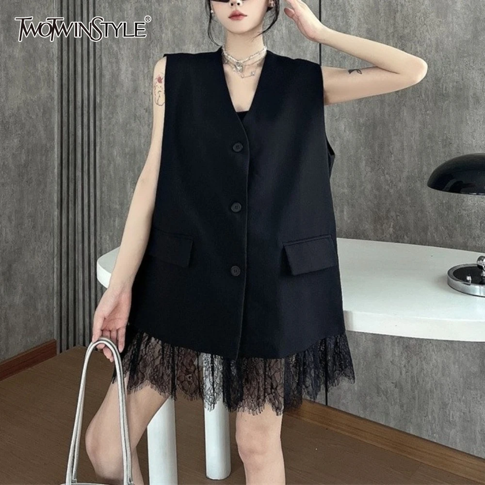 

TWOTWINSTYLE Solid Slimming Spliced Lace Jackets for Women V Neck Sleeveless Patchwork Button Coats Female