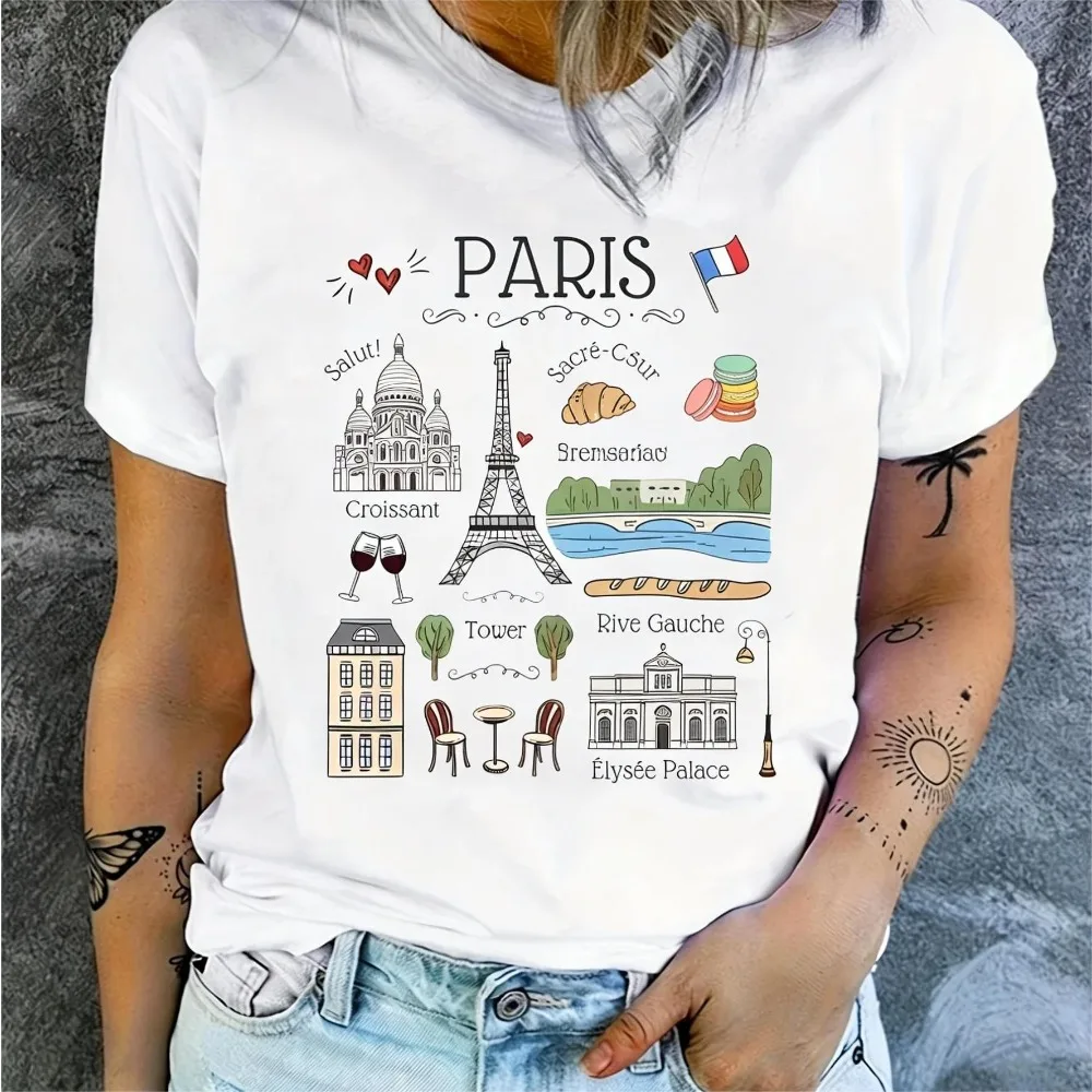 Camiseta informal para mujer con estampado de la Torre Eiffel de París y autobús de dos pisos del Big Ben de Londres - Top deportivo de manga corta Harajuku