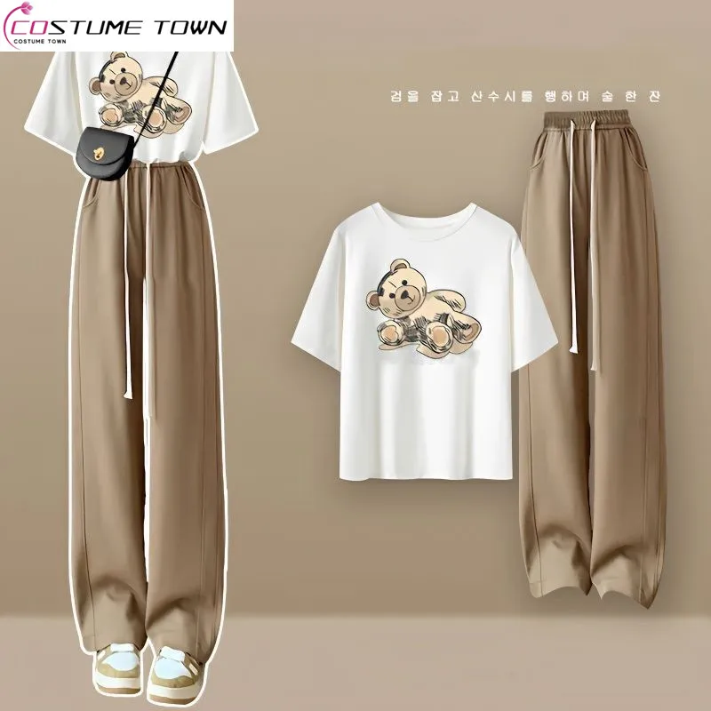 

2023 New Khaki Sweatpants Women's Set Age Reducing Gentle Style Fried Street Fashion Short Sleeve T-shirt Two Piece Set Spring