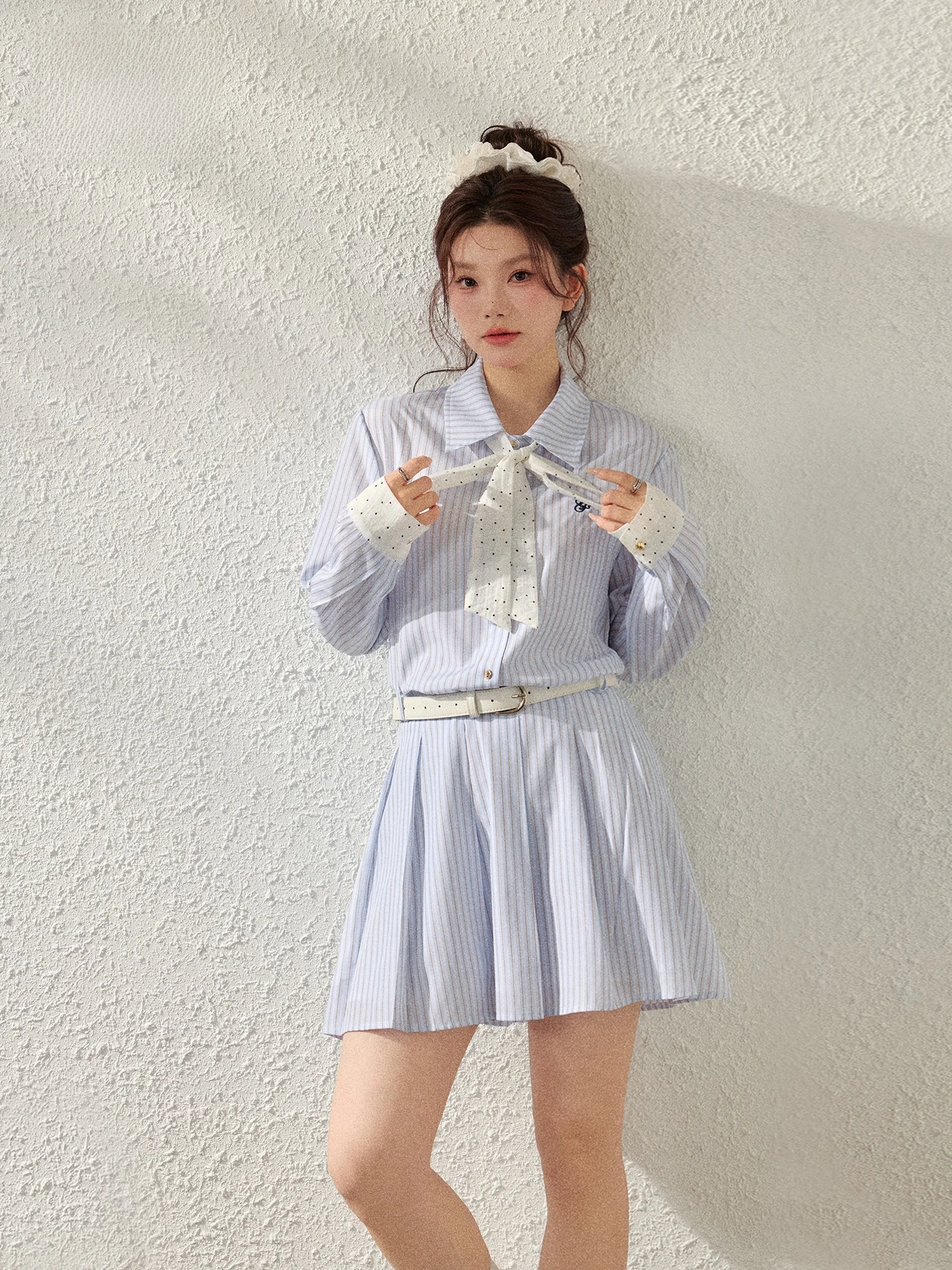 

plus Size Women's Blue irt Dr Korean Sle Slimming Polka Dot Belted Vertical Stripes Spring Commute Wind Loose Fit High...