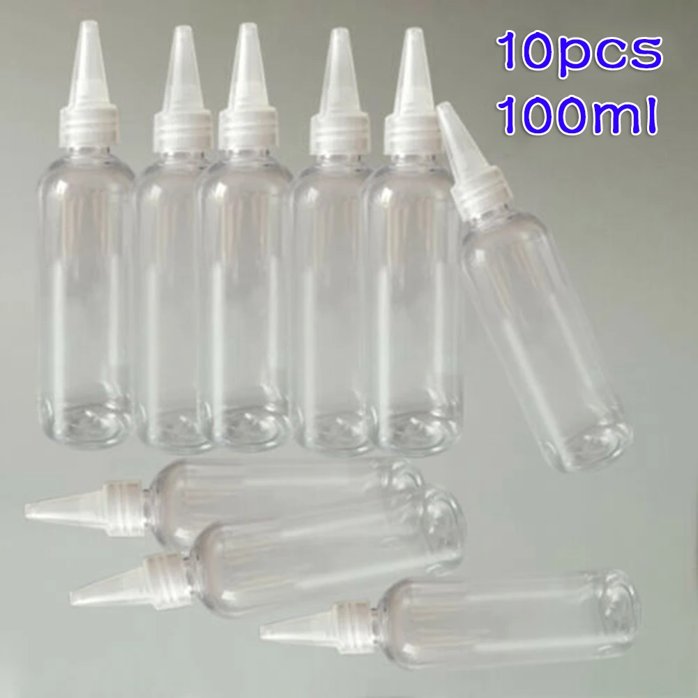 Pack of 10 Empty Twisting Top Nozzle Dropper Bottles 100ml Clear PET Plastic Spouts for Holding Various Liquids