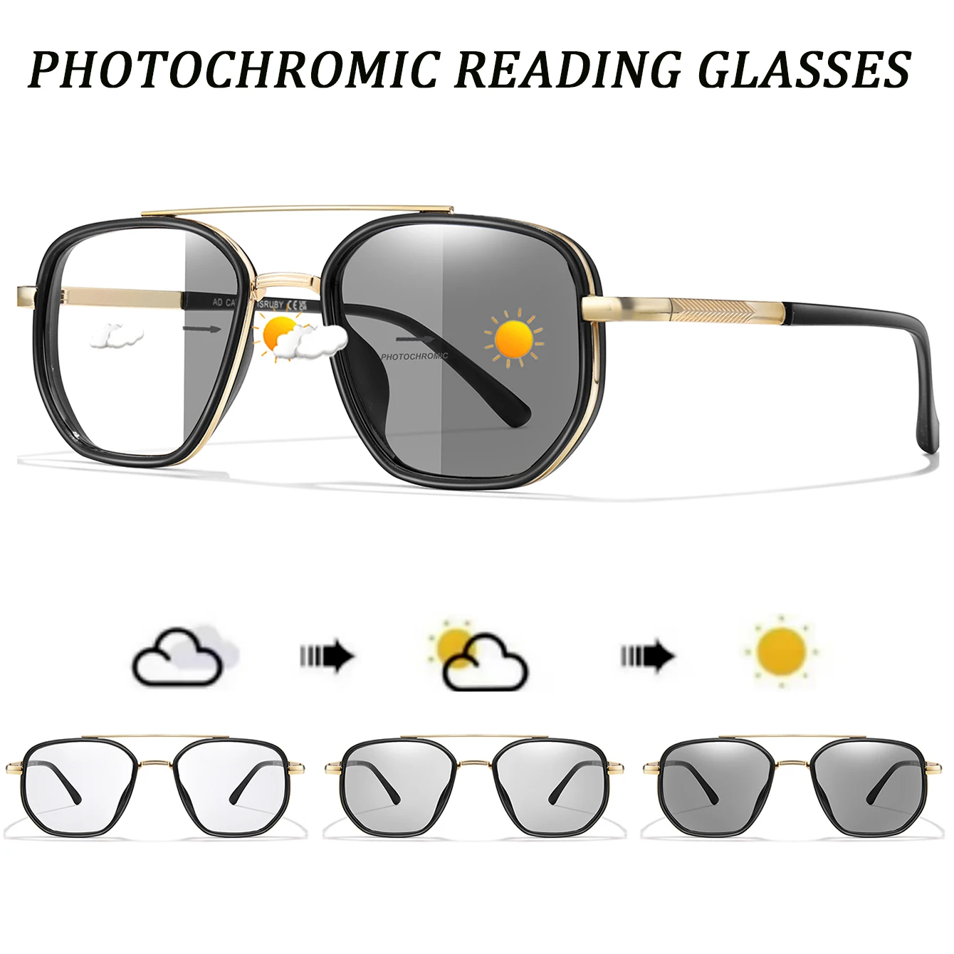 Stilvolle, quadratische, photochrome Lesebrille mit Metallrahmen, Blaulichtblockierung für das Lesen von Büchern und Zeitungen im täglichen Gebrauch