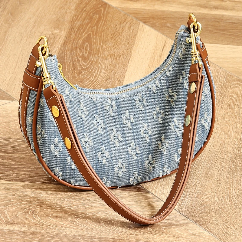 Fashion Denim Hobo Bag 2026 Spring/summer Youth Sweet Crescent-shaped Shoulder Bag Large Capacity Zipper Commuter for Work - view 6