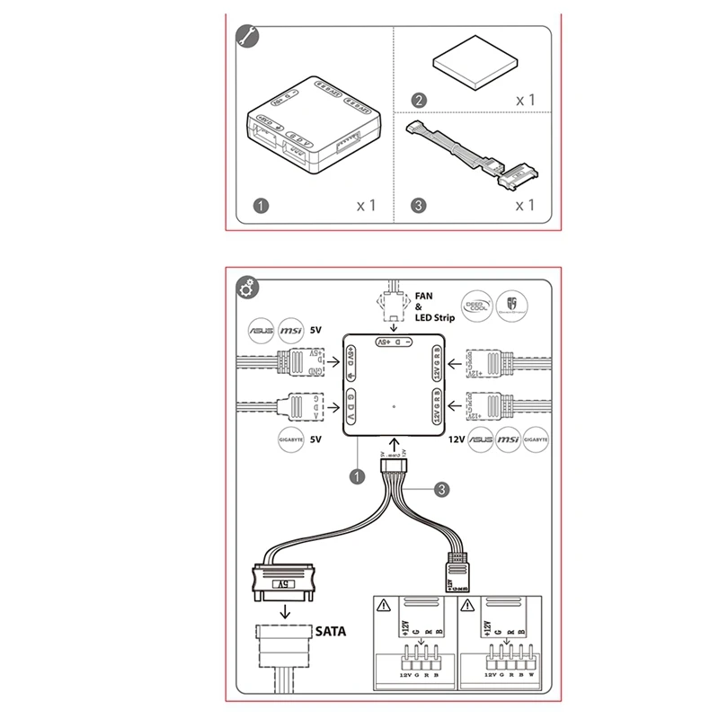 DEEPCOOL RGB 변환기, RGB 전송 허브, SATA 인터페이스 자석 설치, RGB 3 핀 M/B ASUS 기가바이트, 5V-12V