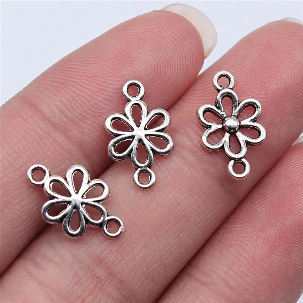 50Pcs/Lot 15*9mm Hollow Flower Metal Charm Connector Antique Silver Color Making DIY Handmade Tibetan Jewelry DIY