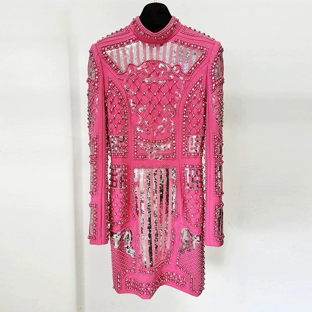 2025 autumn and winter new European and American fashion heavy diamond beaded sequined elastic tight dress small dress-GZXX1583
