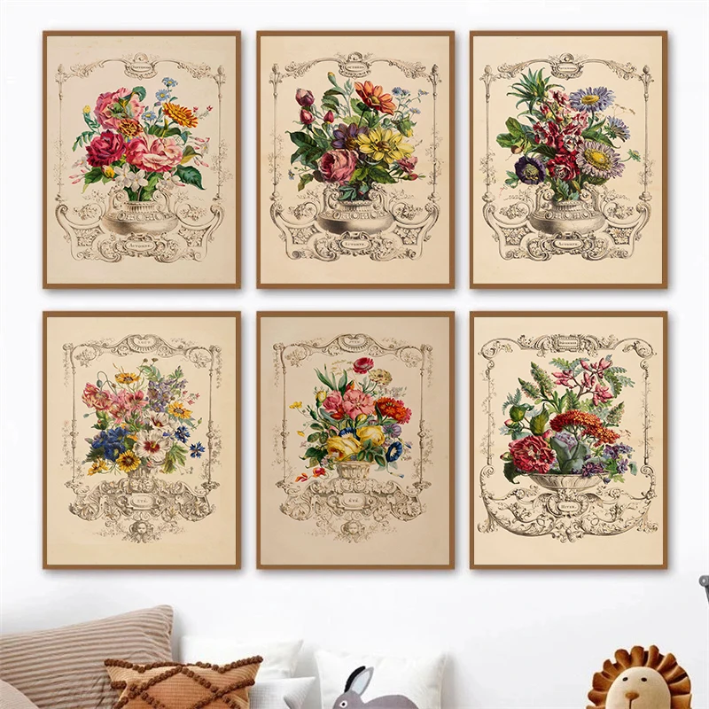

Vintage Abstract Flower Canvas Painting Retro Nordic Floral Poster Boho Wall Art Living Room Decoration Home Decor Picture