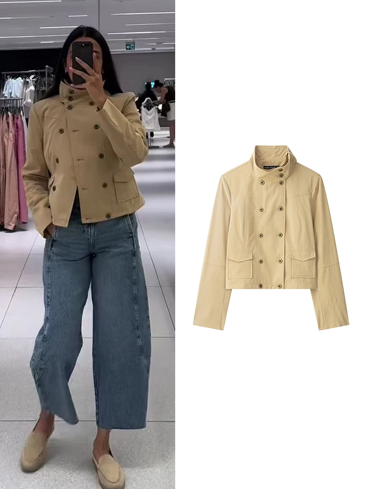 TFMLN 2026 Women Stand Collar Cropped Jacket Coat Double Breasted Pocket Vintage Commuter Short Outerwear Fashion Slim Fit