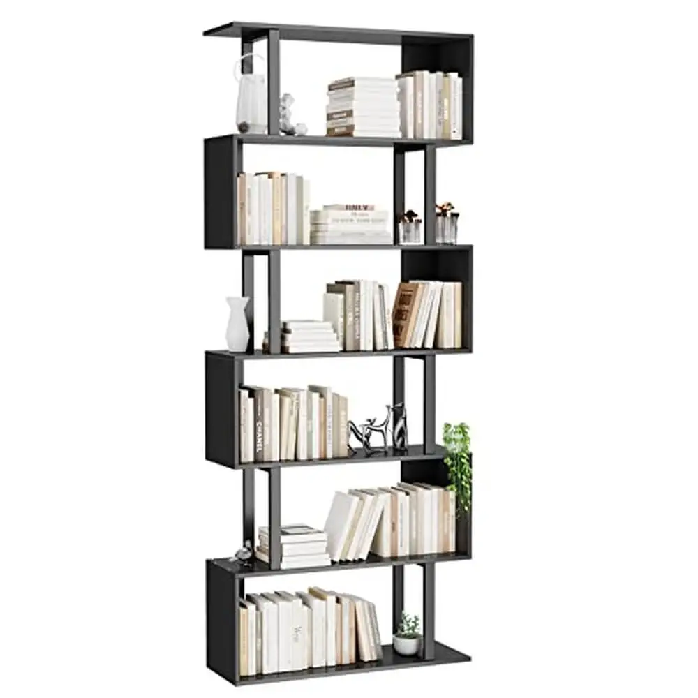 Modern 6 Tier Black Geometric Bookcase Storage Shelf Wood Metal S-Shape Space Saving Durable Shelf