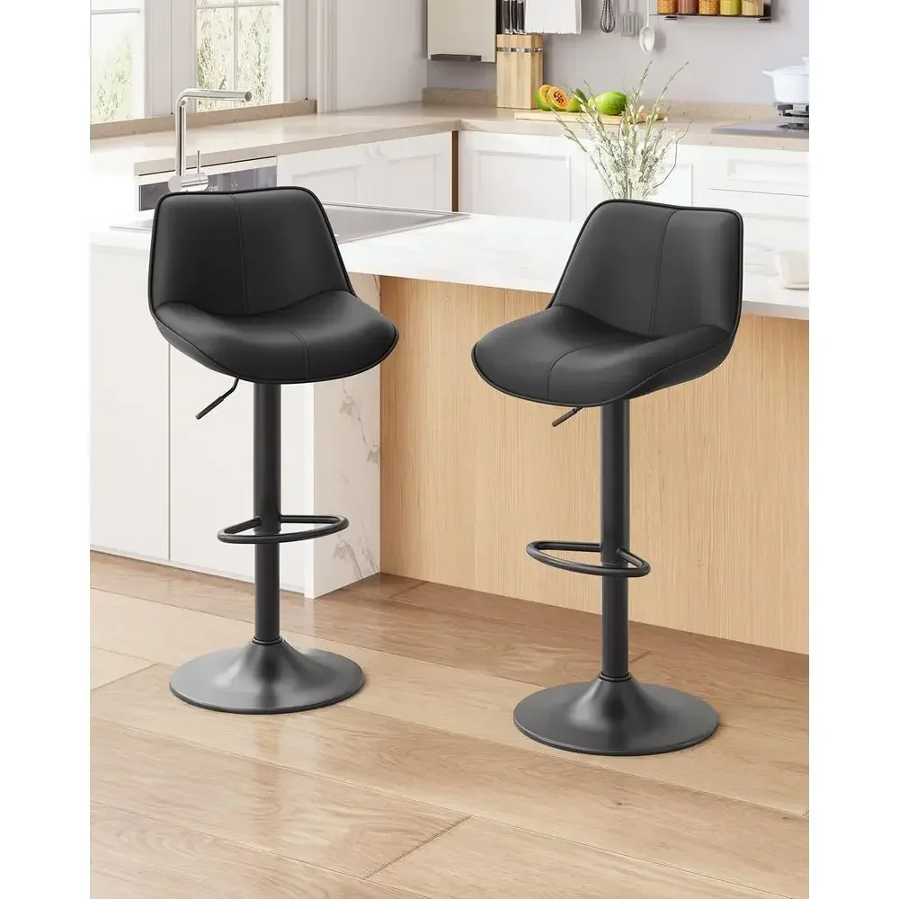 

Set of 2 Adjustable Swivel Leather Barstools, 26-34 Inch, with Footrests, Ideal for Kitchen, Dining, and Bar Areas, Black